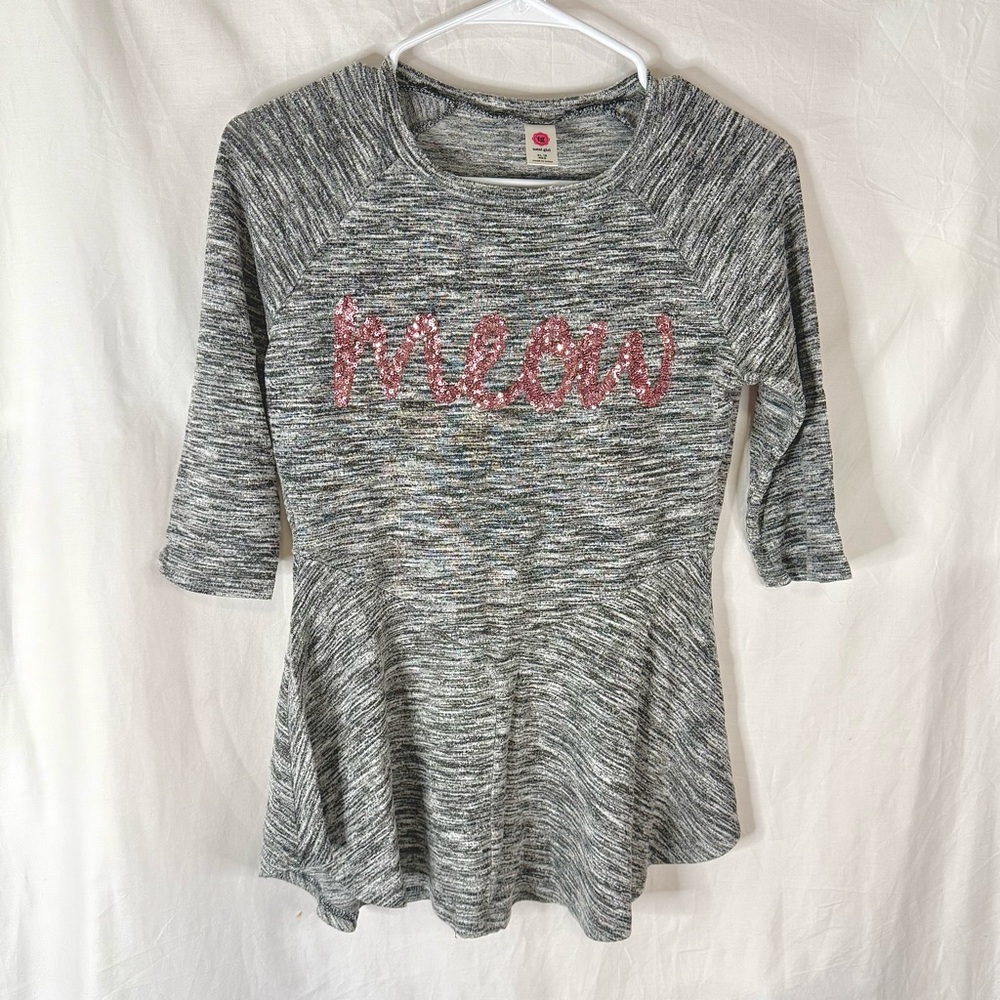 Total Girl Grey 'MEOW' Sequin Half Sleeve Peplum Top — Size XL 16 (Girls)
